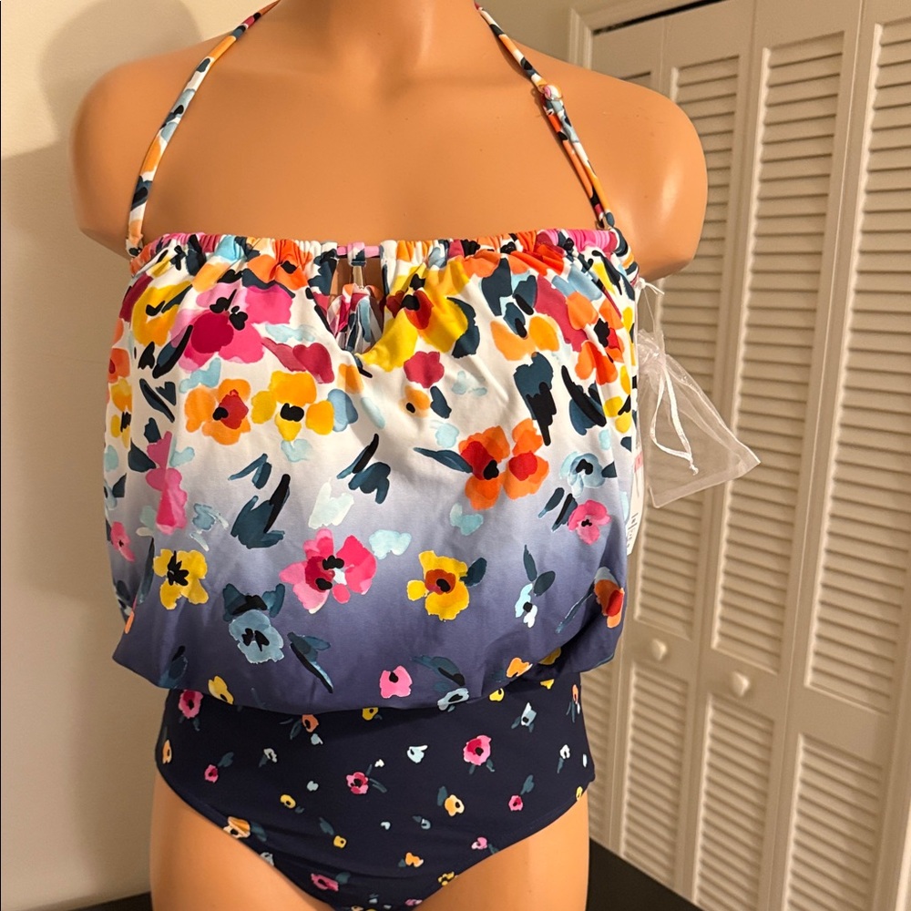 Anne Cole Size 10 Floral Blouson One Piece with/without straps Key Hole Design